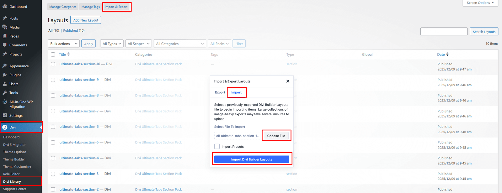 Import Divi Section Pack Document Step-1