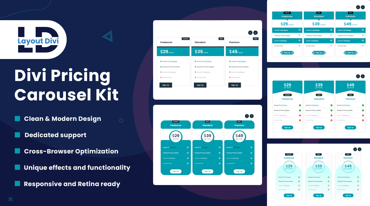 divi pricing tables module carousel section kit