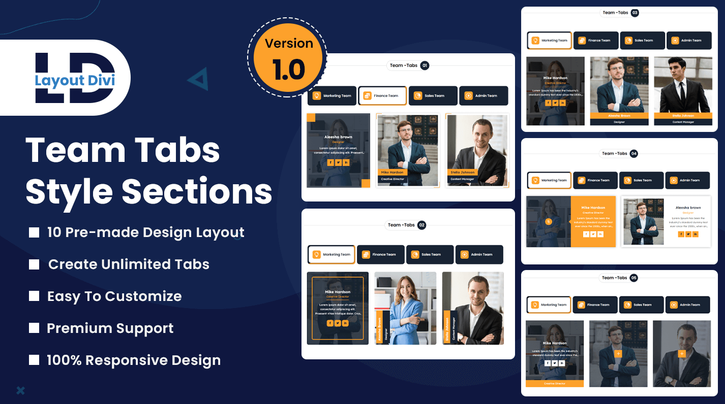 Divi Custom Tabs For Team Layout Pack | Divi Layouts