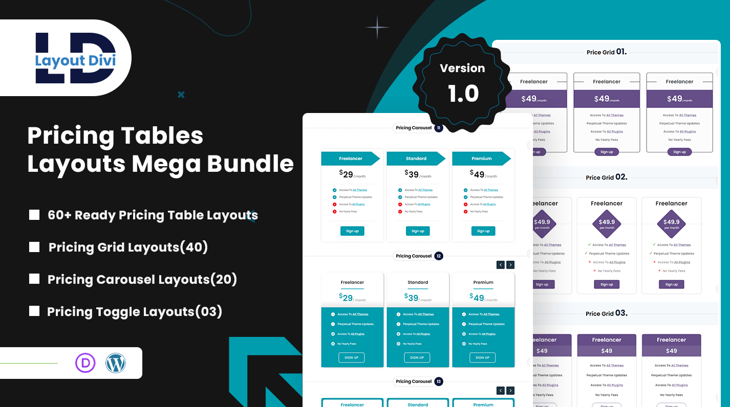 Divi Pricing Tables Showcase Layouts Mega Bundle