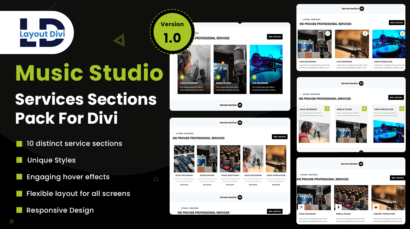 Music Studio Services Section Designs Pack for Divi - Featured Image