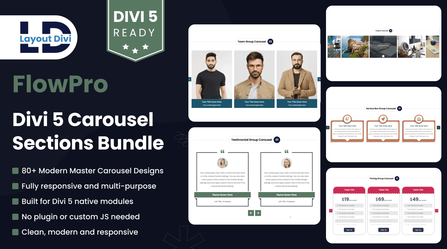 Divi 5 Carousel Sections Bundle – 80+ Layouts (FlowPro) | Divi Layouts ...